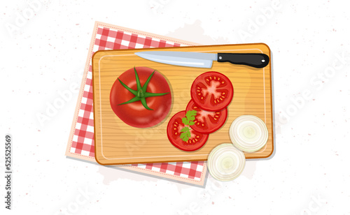 Tomato vegetable vector illustration with tomato and online slices on a wooden chopping board from the top view
