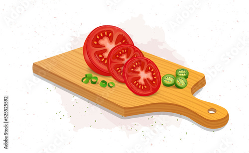Half piece of tomato vector illustration with tomato slices and green chilli pieces on wooden chopping board