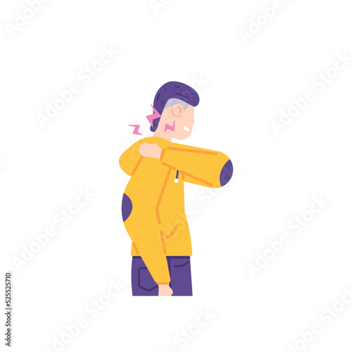 shoulder pain, muscle strain, injury, muscle inflammation, frozen shoulder, pinched nerve. a man holds his shoulder because of pain. health problems in the body. flat cartoon illustrations. vector 