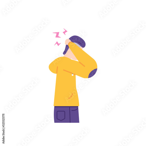 a man holds the back of his head because of pain and dizziness. symptoms of back headaches, brain cancer sufferers, migraines. the expression of the one who endured the pain. flat cartoon illustration photo