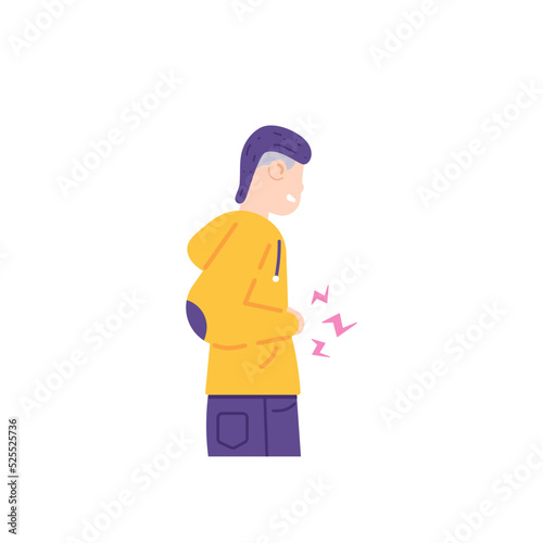 symptoms of stomach pain, nausea, ulcers, cancer, indigestion, kidney stones and kidney failure. A man holds his stomach because he feels pain. problems with the body. flat cartoon illustration