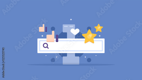 Seo ranking, search engine, marketing and search optimization. most trending and top searches. symbol number one, star, thumb. flat cartoon illustration. vector concept design