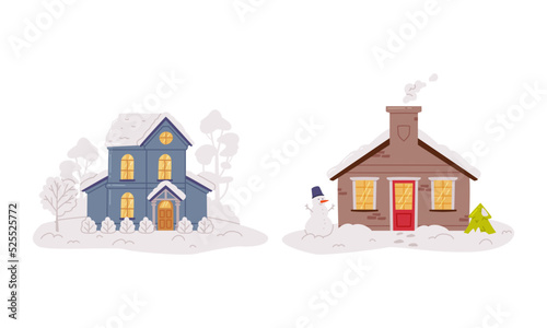 Wooden houses in winter landscape with glowing windows flat vector illustration