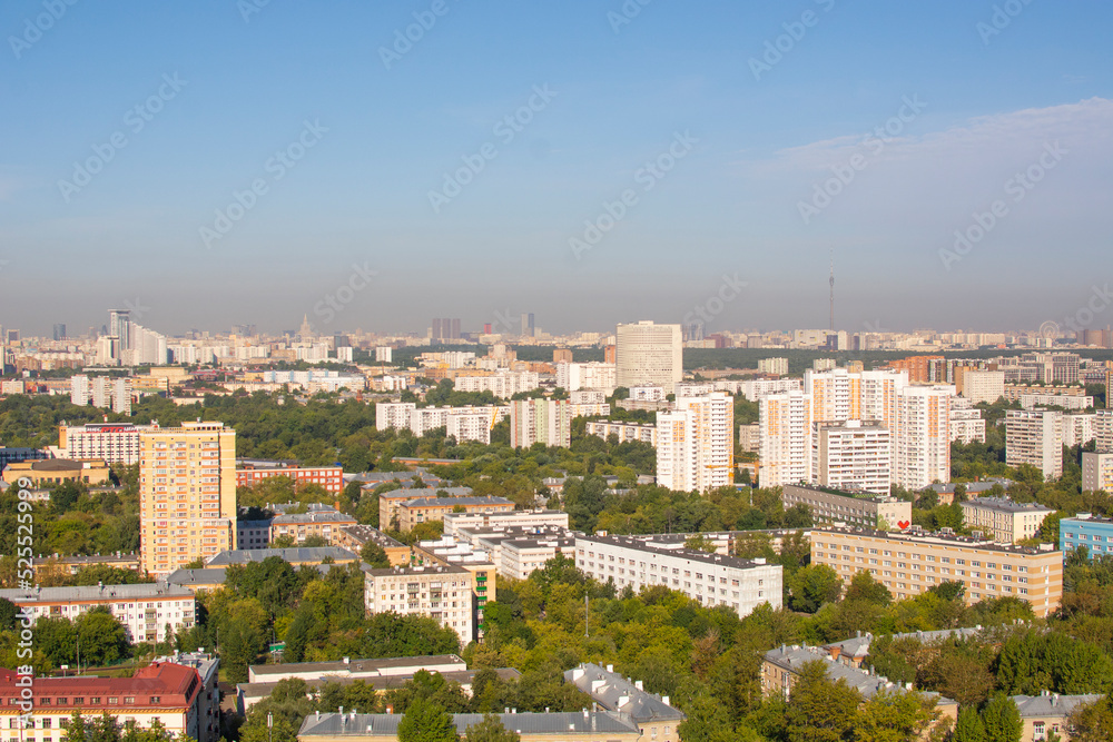 MOSCOW, Russia - AUGUST 16, 2022 : view from the Izmailovo Beta hotel on residential buildings in izmailovo