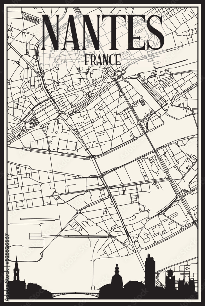 Fototapeta premium Light printout city poster with panoramic skyline and hand-drawn streets network on vintage beige background of the downtown NANTES, FRANCE