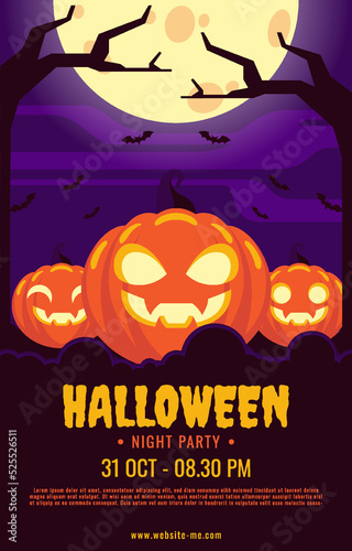 Halloween night party poster design in flat style with pumpkin