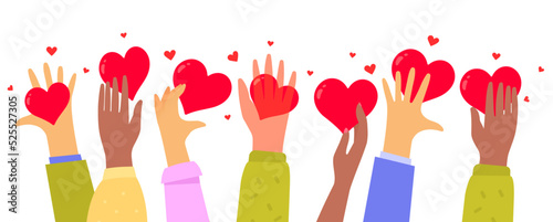 Vector kindness donation and charity illustration with red shape heart on white color background. Diversity group of hand care of heart form. Flat style romantic design of sharing love