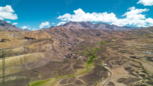 Aerial Panoramic landscape of Langza Village in Spiti Valley of Himachal Pradesh India during summer