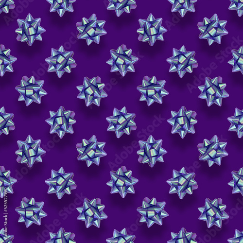 Seamless pattern of fluffy purple bows for gift wrapping, top view. Decor for holiday gifts, congratulatory items. Decorative decoration element for birthday, christmas, new year