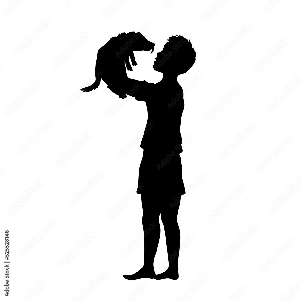 Boy hand up puppy. Black silhouette of kid with dog. Doggy licks child face. Animal friendship. Childhood scene