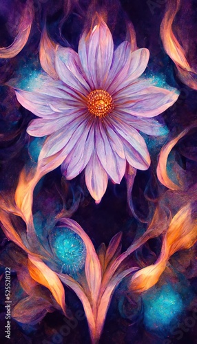 Ethereal surreal daisy flowers art in lovely lavender purple blue fusion of colors, flowing fiery background bokeh blur. Unique and sublime blooming spring vibes.