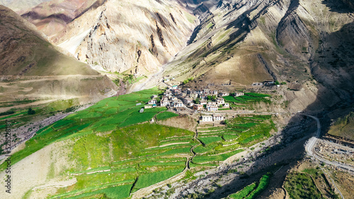 panoramic aerial landscape of Mud Village in Pin Valley of North India during summer in the Mountains of the Himalayas
