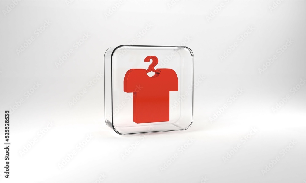 Red T-shirt on hanger icon isolated on grey background. Glass square button. 3d illustration 3D render Red T-shirt on hanger icon isolated on grey background. Glass square button. 3d illustration 3D render