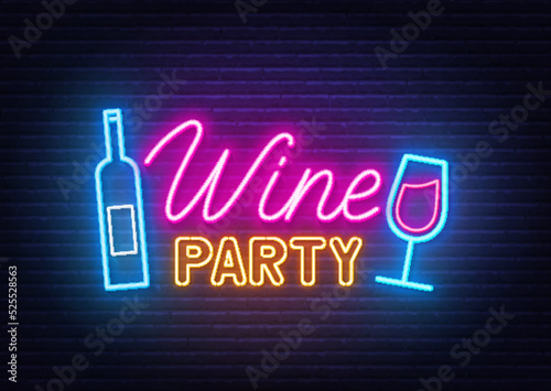Wine Party neon sign on brick wall background.