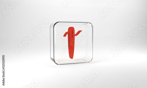 Red Needle for sewing with thread icon isolated on grey background. Tailor symbol. Textile sew up craft sign. Embroidery tool. Glass square button. 3d illustration 3D render