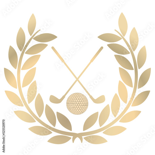 golden laurel wreath with golf symbols on white background