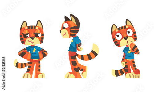 Funny emotional baby tiger set. Cute wild african animal character cartoon vector illustration