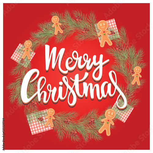 Merry Christmas wreath. Winter round frame with gingerbread cookies, christmas tree branch, handwritten lettering. Cartoon sweet food flat vector illustration