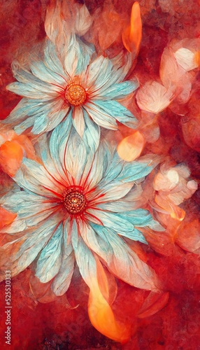 Ethereal surreal daisy flowers art in lovely pastel red and blue fusion colors, flowing fiery background bokeh blur. Unique and sublime blooming spring vibes.