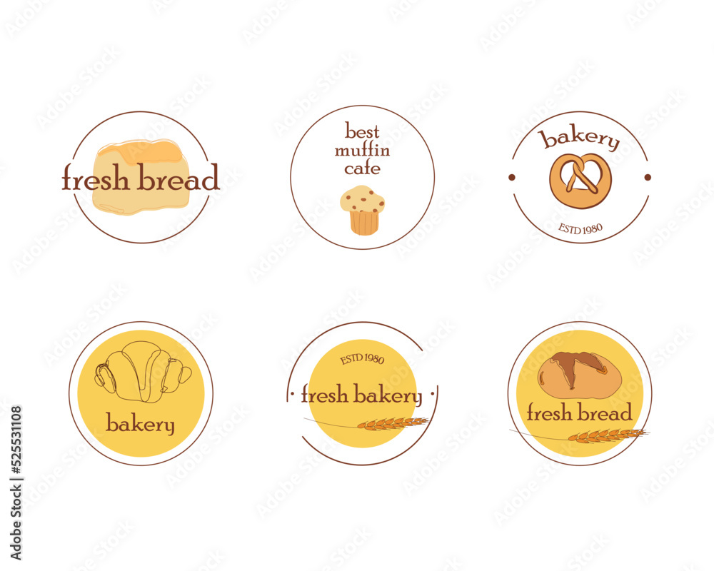 Fresh bread bakery shop, cafe logo vector design. Bread, croissant, muffin, cake french pastry icons. Round yellow, brown icons. Fresh bread bakery shop, cafe logo vector design. Bread, croissant, muffin, cake french pastry icons. Round yellow, brown icons.