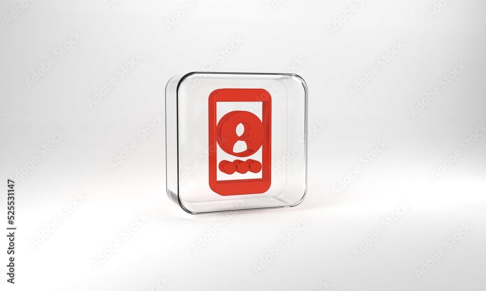 Red Video chat conference icon isolated on grey background. Online meeting work form home. Remote project management. Glass square button. 3d illustration 3D render Red Video chat conference icon isolated on grey background. Online meeting work form home. Remote project management. Glass square button. 3d illustration 3D render