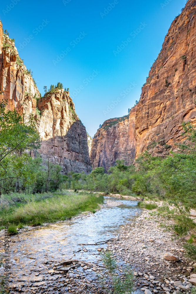 Virgin river at Zion National park vertical view of riverbed with Zion mountains
