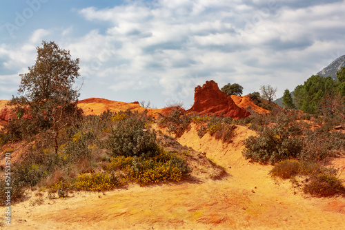 View of the red lands in the Luberon Natural Park, Roussillon France.