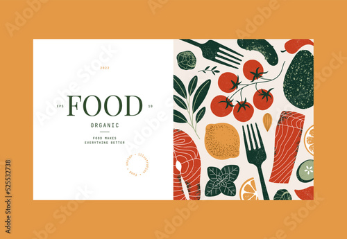 Healthy food design template. Salmon on the cutting board with the vegetables.