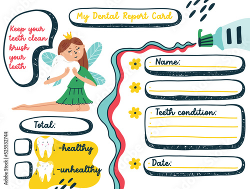 Kids dental report card chore charts. Patient record children stomatology Tooth template with character Fairy Tooth and Toothpaste. Vector cartoon flat illustration clipart