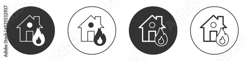Black Fire in burning house icon isolated on white background. Circle button. Vector