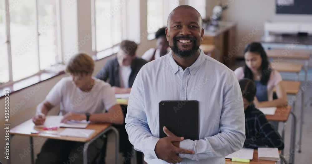 High school teacher with students writing an exam, test and study in a classroom diversity portrait. Happy professional educator with learning, education and smart children working in creative books