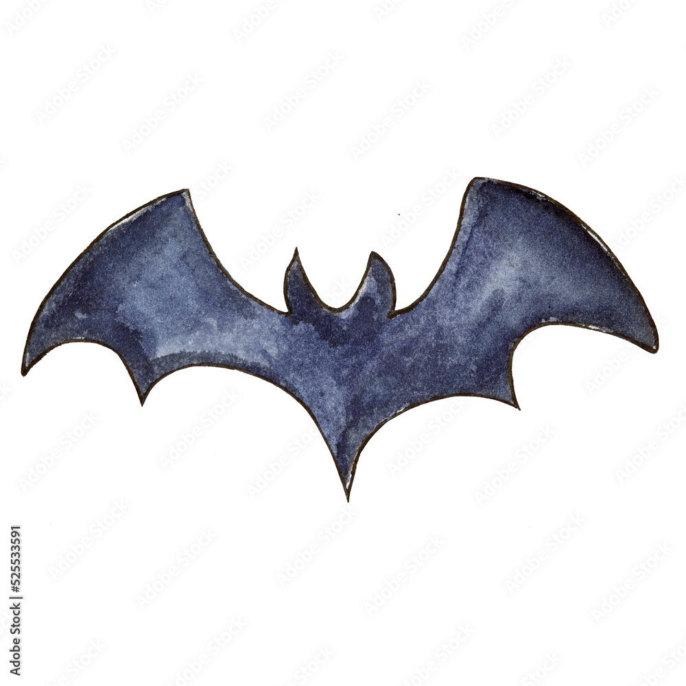 Fototapeta premium Black bat watercolor illustration. Hand draw halloween art with whitw isolated background for your design, print, postcard, poster, book decoration. Bouquet hand painted illustration