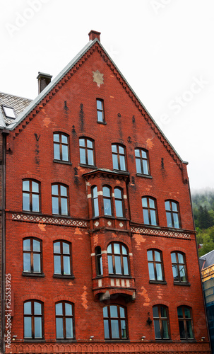 Famous Bryggen street with wooden colored houses in Bergen, Norway, UNESCO world heritage cite - architecture background