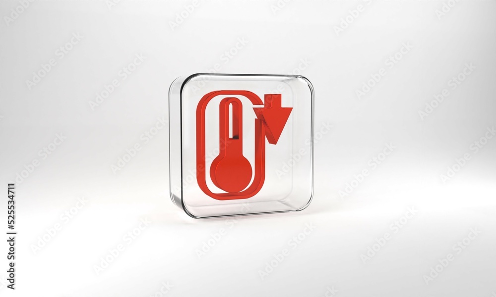 Red Meteorology thermometer measuring heat and cold icon isolated on grey background. Thermometer equipment showing hot or cold weather. Glass square button. 3d illustration 3D render Red Meteorology thermometer measuring heat and cold icon isolated on grey background. Thermometer equipment showing hot or cold weather. Glass square button. 3d illustration 3D render