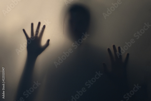 Terrifying blurry ghostly shadow of a man with flowing hair. Silhouette of a ghost, monster, alien, creature. The concept of fear, horror, scary, hallucination, psycho nightmare, halloween festival.