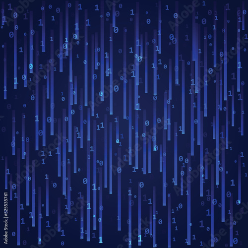 Falling digits zero and one on dark blue background. Abstract cyber backdrop.