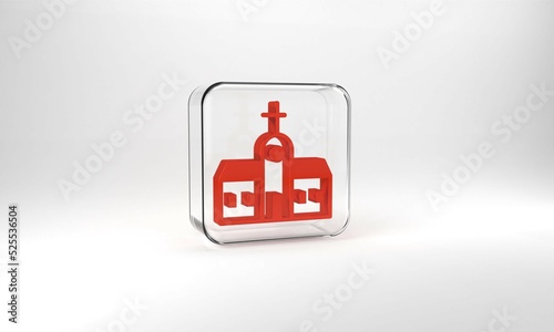 Red Church building icon isolated on grey background. Christian Church. Religion of church. Glass square button. 3d illustration 3D render