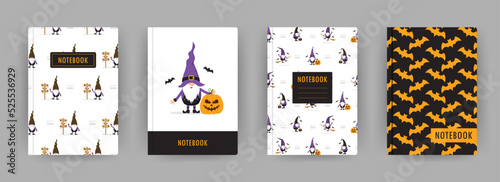 Cover page notebook collection. Templates with cute halloween gnomes. Perfect for diary, books, magazines, journals, catalogs, planners and flyers. Vector layouts.