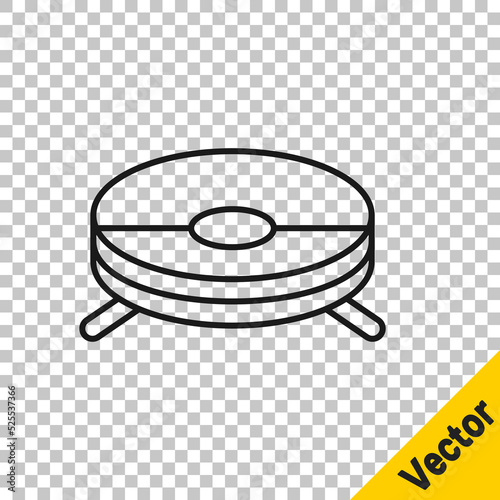 Black line Robot vacuum cleaner icon isolated on transparent background. Home smart appliance for automatic vacuuming, digital device for house cleaning. Vector