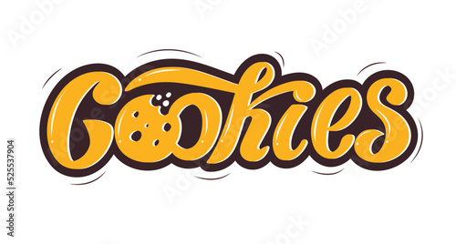 Cookies logo, yellow-brown volume handwritten letters digital vector illustration of cookies on the white background. The illustration is for the cookie packaging banner cards poster. Dessert.