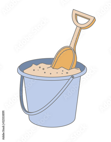 Kid Bucket with small Shovel and Sand. Vector illustration with baby Pail in cute pastel blue and beige colors. Plastic sandbox toy for icon or logo