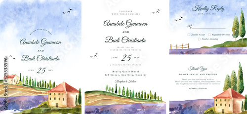 Wedding Invitation set with tuscany lavender hills of Italy scenery