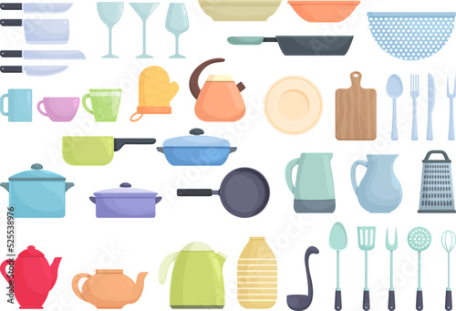 Tableware icons set cartoon vector. Glass tea. Teapot dishes