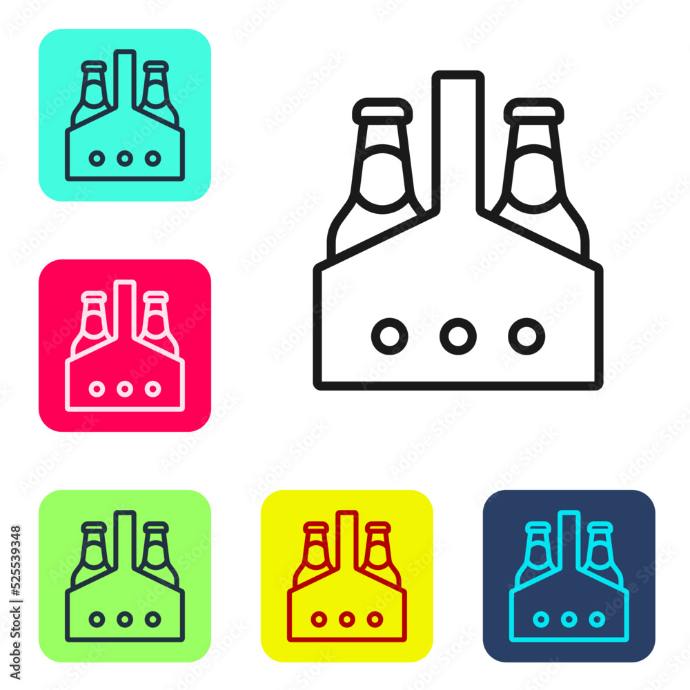 Black line Pack of beer bottles icon isolated on white background. Case crate beer box sign. Set icons in color square buttons. Vector