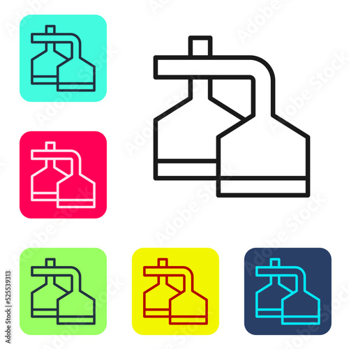 Black line Traditional brewing vessels in brewery icon isolated on white background. Beer brewing process. Distillery plant, brewery. Set icons in color square buttons. Vector