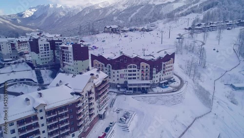 Hotels and ski lift on site of former Olympic village of Rosa Plateau at altitude of 1170 m from sea level. Krasnaya Polyana, Sochi, Russia