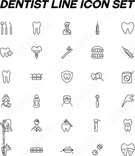 Profession and occupation concept. Modern outline signs drawn in flat style. Dentist line icon set with symbols of teeth, braces, stomatologist, syringe, dental tools, floss etc