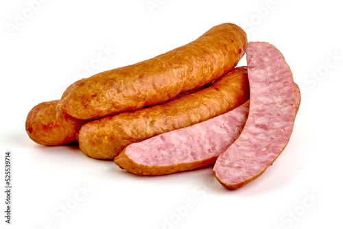Boiled bratwurst sausages, isolated on white background.