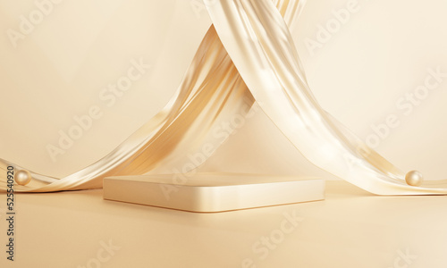 Gold luxury abstract minimal scene podium background with fabric flutter geometric, pedestal on square one floors curved wall the platform for product presentation, composition, cosmetic, 3d rendering