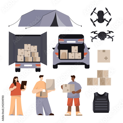 Set of humanitarian aid material assistance governmental help. Drones, body armor, volunteers, army donation. Save Ukraine. Vector isolated on background in flat style